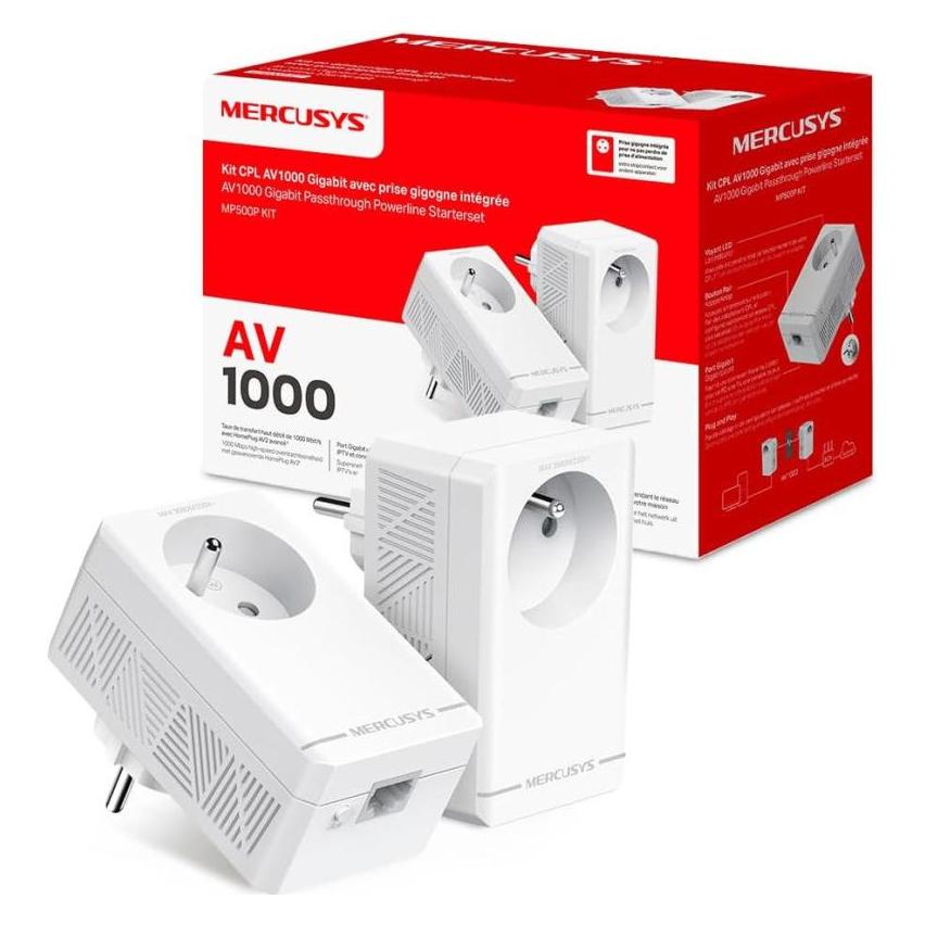 Mercusys Kit CPL Gigabit AV1000 avec prise intégrée type F (lot de 2) Vitesse 1000Mbps M (1000 Mbit/s) (MP500P KIT)