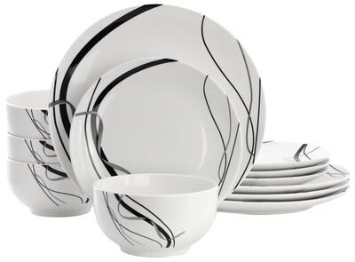 Elama Sarah 12 Piece Porcelain Black Ribbon Dinnerware Set, Service for 4 in White and Black