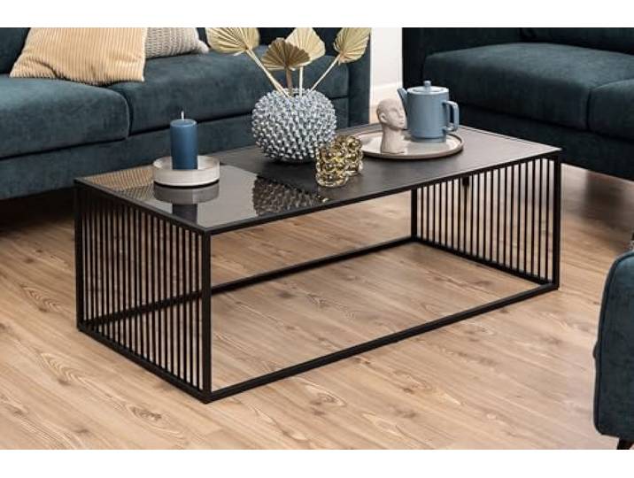 möbelando Couchtisch >Strington< in schwarz, Glas, MDF, Stahl - 120x40x60cm (BxHxT)