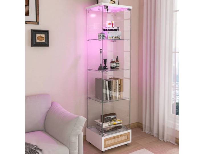EXTSUD Glasvitrine Moderne Glasvitrine mit LED & Schubladen, H167×B42,5×T36,5 cm, Weiß