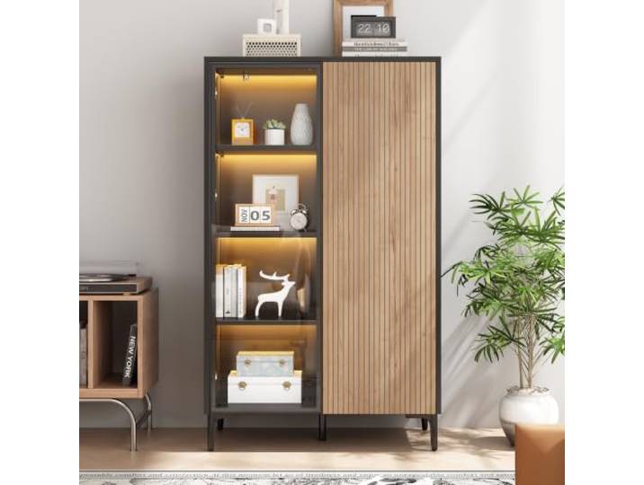 Merax Vitrinenschrank mit Glasfront und LED, Sideboard,2 Türen,Schwarz-Holz Standvitrine mit 8 Fächern, Push-to-Open, MDF, 90 × 40 × 135 cm