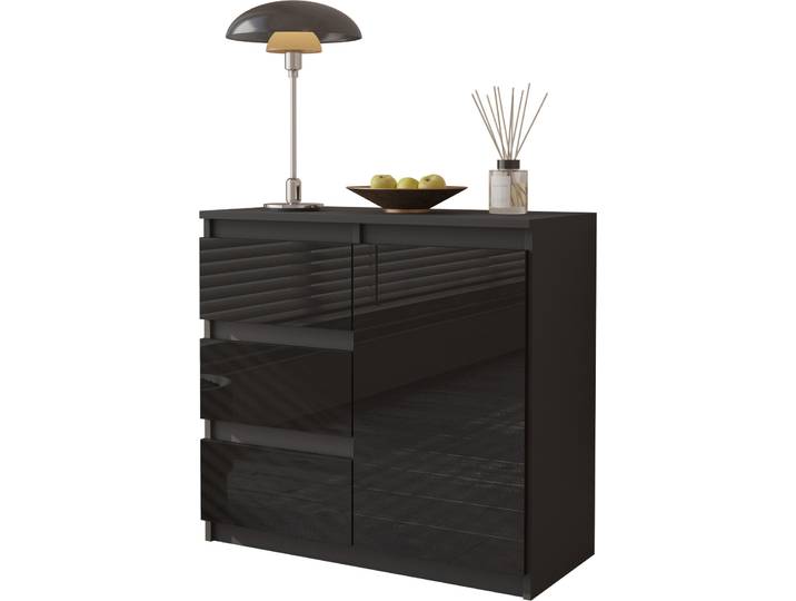 FURNICA - MIKEL - Commode / Sideboard avec 3 tiroirs et 1 porte - Anthracite / Noir Gloss H75cm L80cm P35cm