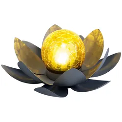 Asia Garten Lotusblüte Deko Solar Lotusblüte für Außen Gartenleuchte Deko Leuchten, Crackle Glas Metallblätter grau, 1x LED, D 25 cm