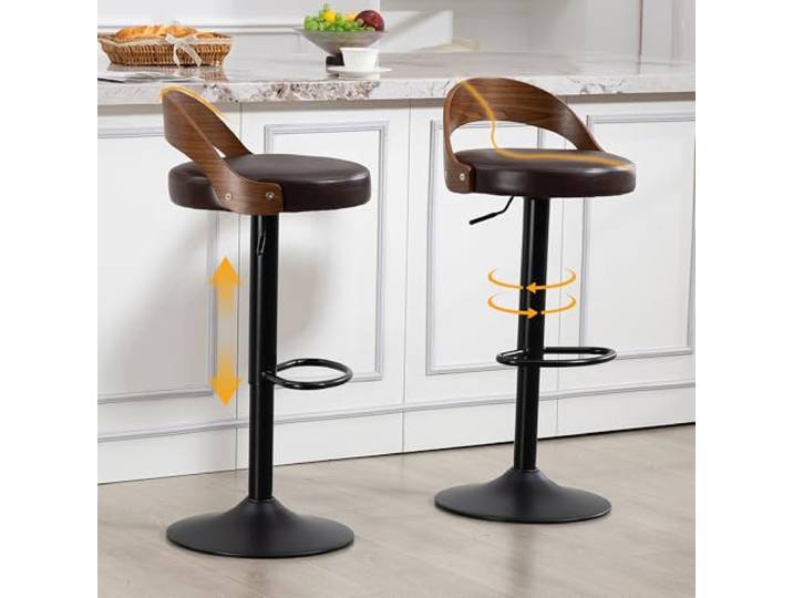 Miawtro Barhocker Set 2 PU Leder 360° drehbar höhenverstellbar (Braun) Barhocker Set 2, PU Leder Sitzfläche, Walnussholz Rückenlehne, 360° drehbar, höhenverstellbar, Küche Bar Restaurant