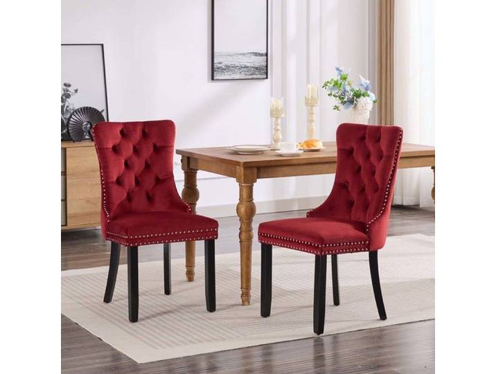 Chaise de salle à manger - Lot de 2 - Velours rouge - Bois massif - Dossier à ailes ergonomique