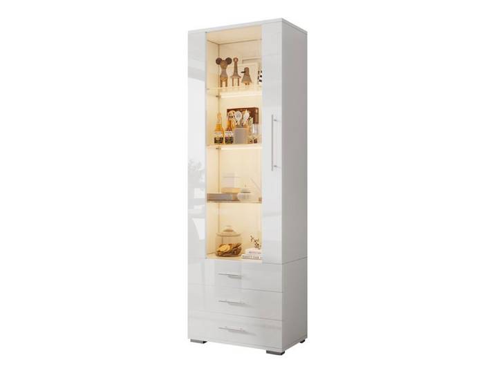 Vitrine blanc brillante vitrine en verre vitrine sur pied avec éclairage LED vitrine verticale avec 3 tiroirs 60 x 35 x 180 cm
