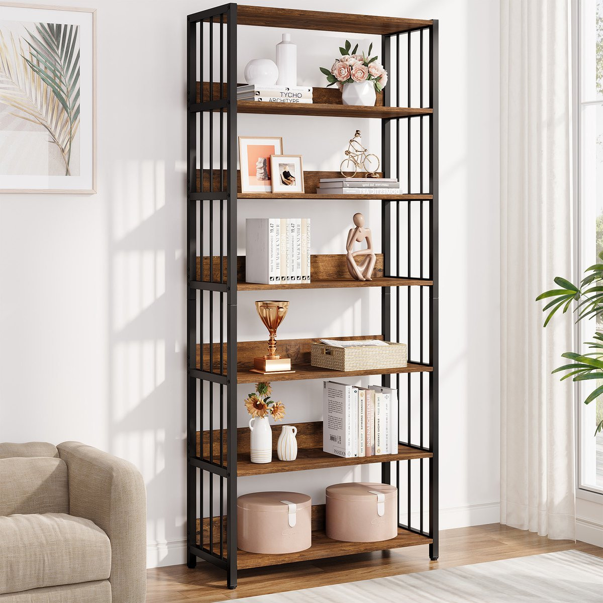 LITTLE TREE Industriële Stelling met 6 Houten Planken, 190 cm Hoog, Bruinzwart