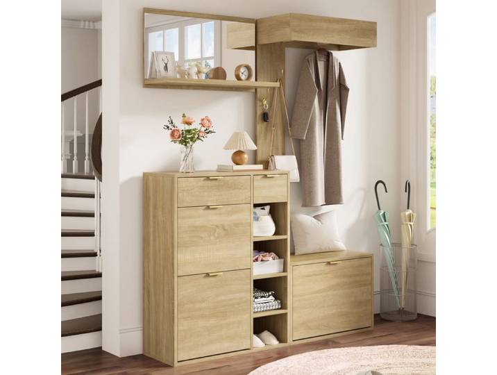 VUENOR Ensemble vestiaire d'entrée 4 pièces 130 x 30 x 174 cm décor bois naturel et blanc