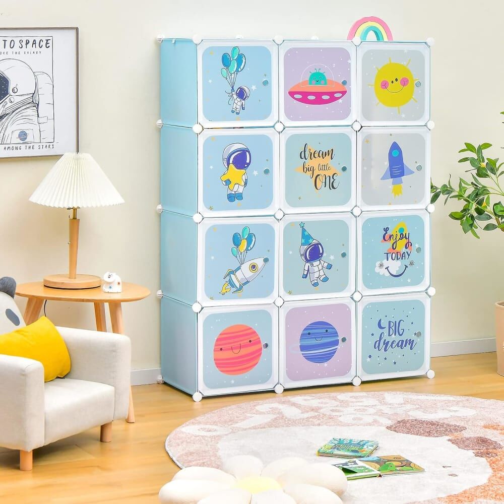 Giantex Armoire penderie modulable enfants 12 cubes 35x35x35cm Bleu 109x145x37cm