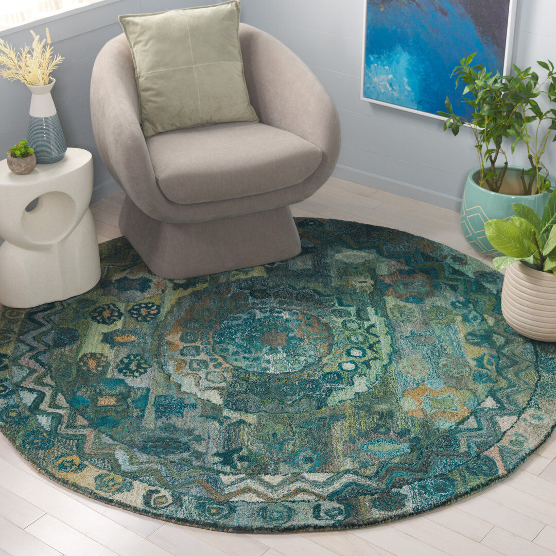 Langley Street Oriental Hand Tufted Area Rug Aqua / Green Round 183 cm