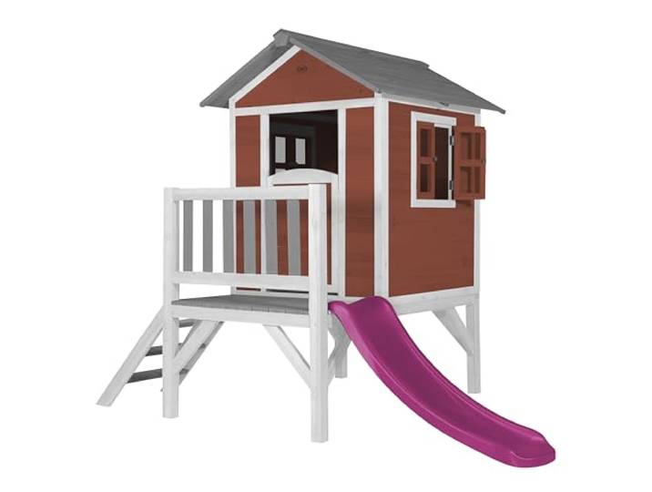 AXI Beach Lodge XL Spielhaus aus Holz in Rot mit Lila Rutsche Kleiner Spielturm, Stelzenhaus mit Veranda & Rutsche für Kinder, FSC Holz, Podesthöhe 57 cm