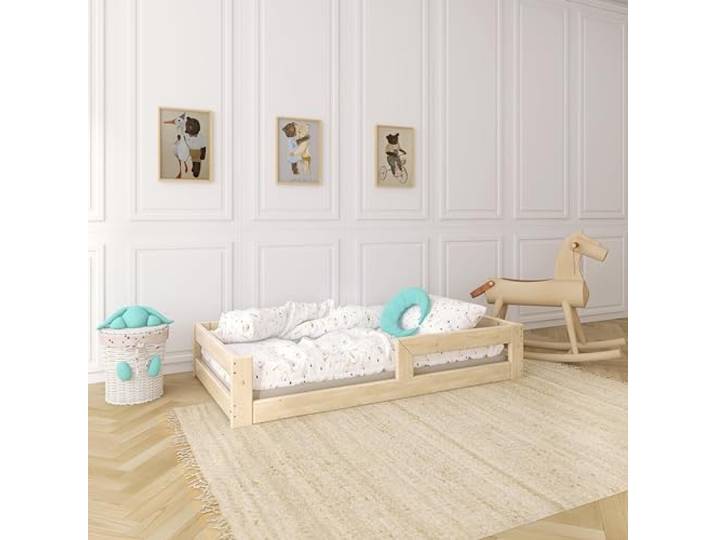 Need Sleep Montessori Bett Kinder Bodenbett 90x200 cm mit Rausfallschutz Lattenrost Kinderbett am Boden Niedrig Kids Floor Bed Bodentief aus Holz Mädchen Junge
