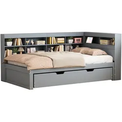 OKWISH Multifunktionales Schlafsofa 90x200 ausziehbar Stauraum Lattenrost Massivholz USB-Buchse Wohnzimmer Gästezimmer Grau