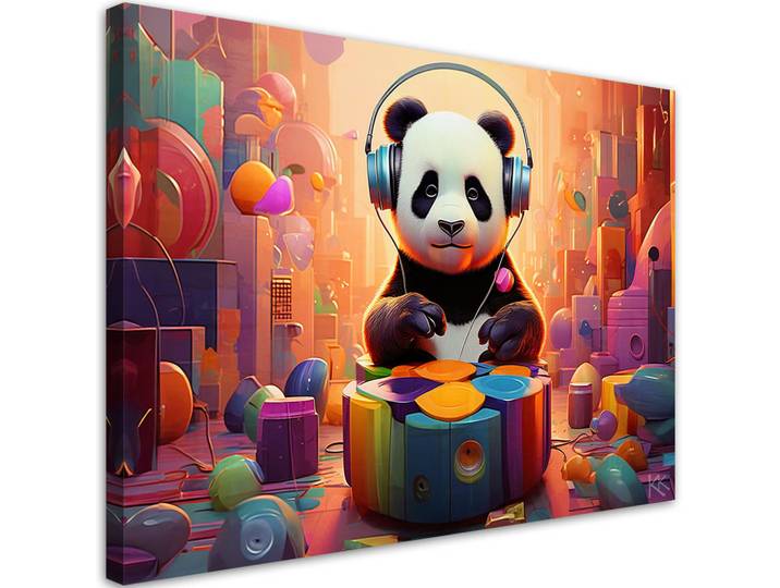Feeby Leinwandbild Panda mit Kopfhörern 100x70cm, Mehrfarbig, Tiere, Rechteckig, 100x70 cm, Bilder & Rahmen, Bilder, Leinwandbilder