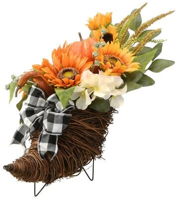National Tree Company Artificial Wicker Cornucopia Basket with Pumpkins, Sunflower Blooms, 20 Inches - 20 in
