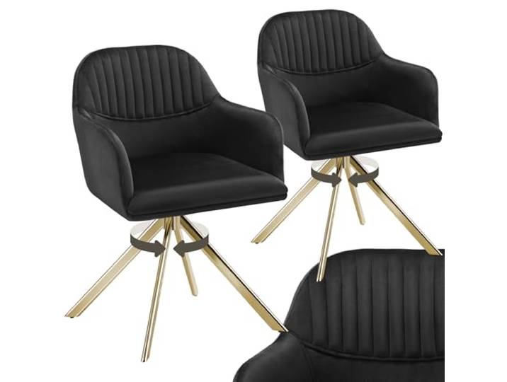 tectake® Esszimmerstuhl drehbar, Armlehnstuhl drehbar, ergonomischer Stuhl Samt, Stühle für Esszimmer, Möbel für Wohnzimmer, Arbeitszimmer, Esstisch, Schminktisch - 2er Set - schwarz/Gold