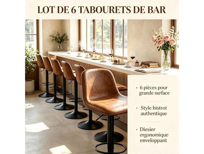 PIPIPOXER Lot de 6 Tabouret de bar simili‑cuir vintage brun chaise comptoir réglable pivot 360° trompette mobilier bar bistrot