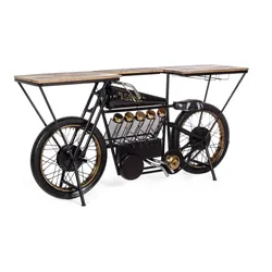 Bartisch Motorrad aus Metall und Mangoholz, Industrial Design, natur-schwarz, 183 cm breit
