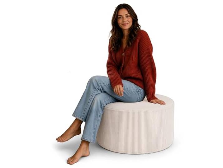 DreamRoots Cord Hocker Pouf, Rund Ø59x39 cm, Cremefarben Fußhocker, Sitzhocker, vielseitig als Sitzgelegenheit, Beistelltisch & Bodenkissen, Sitzpouf