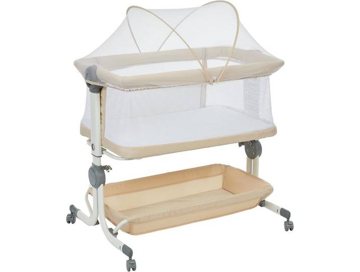 GarveeMore Babybett 3-in-1 Mit Wiege,Höhenverstellbar in 6 Stufen Mit Rollen, Beistellbett Atmungsaktivem Netzgewebe,Moskitonetz Großem Stauraumkorb