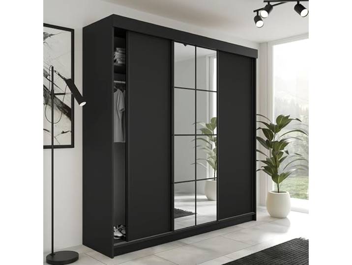 KIER FURNITURE Schiebegarderobe LAMARO mit Spiegel - Schrank Schlafzimmer - Schlafzimmerschrank - Wardrobe Bedroom - Kleiderschränke - Kleiderschrank - 200x205x59cm - Schwarz