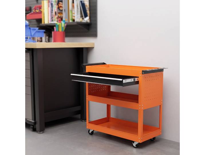 DURHAND Chariot Outils Acier 3 Étagères Tiroir Orange 82x35x76 cm