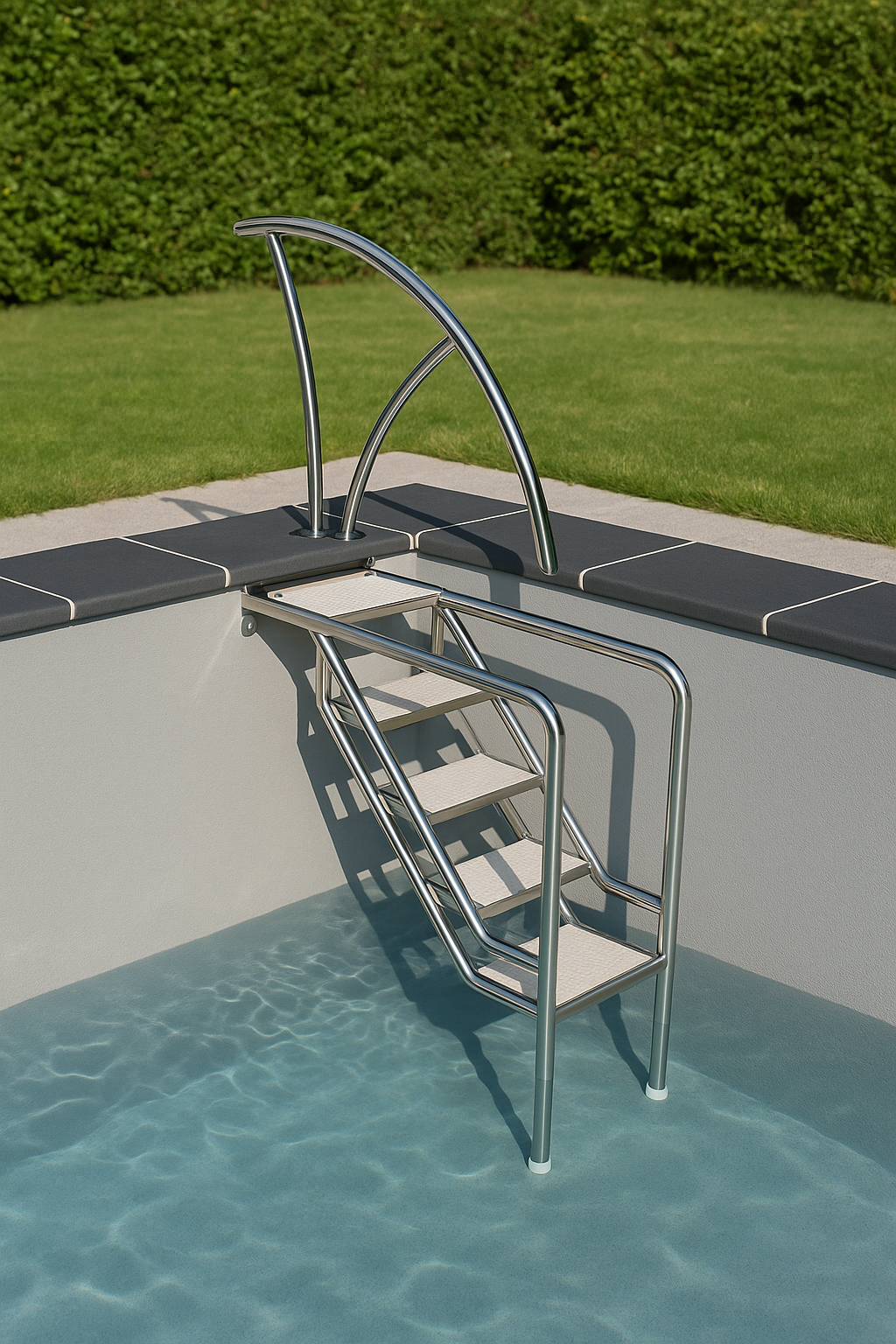 Eichenwald Ideal Edelstahl Eichenwald Pooltreppe Modell 08.3 Miami nur Unterteil Beckentiefe 1199mm 4 Edelstahl-Waffelblech-Stufen