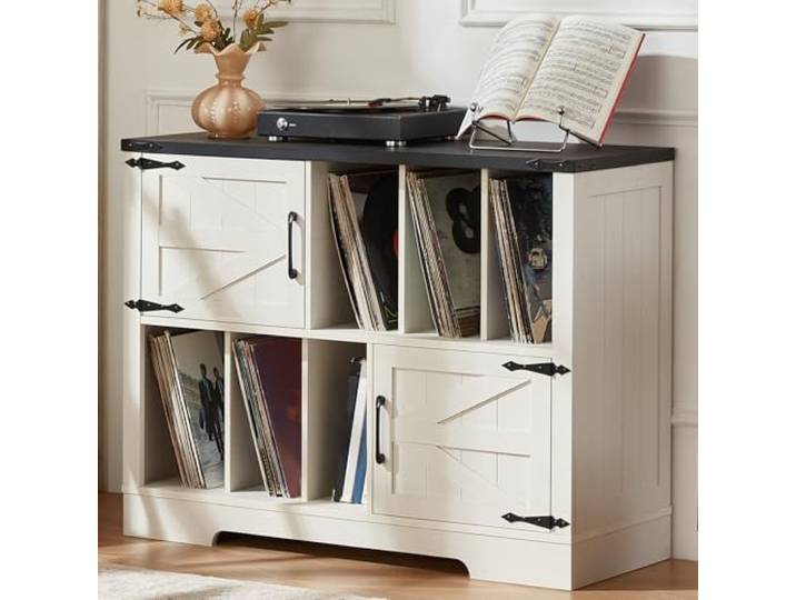 LELELINKY Plattenspieler Schrank mit Schallplattenregal für 300 Alben 100 cm breit, 6 offene Fächer, 2 Türen, viel Stauraum für Vinyl und Zubehör, für Wohnzimmer & Musikzimmer,Weiß