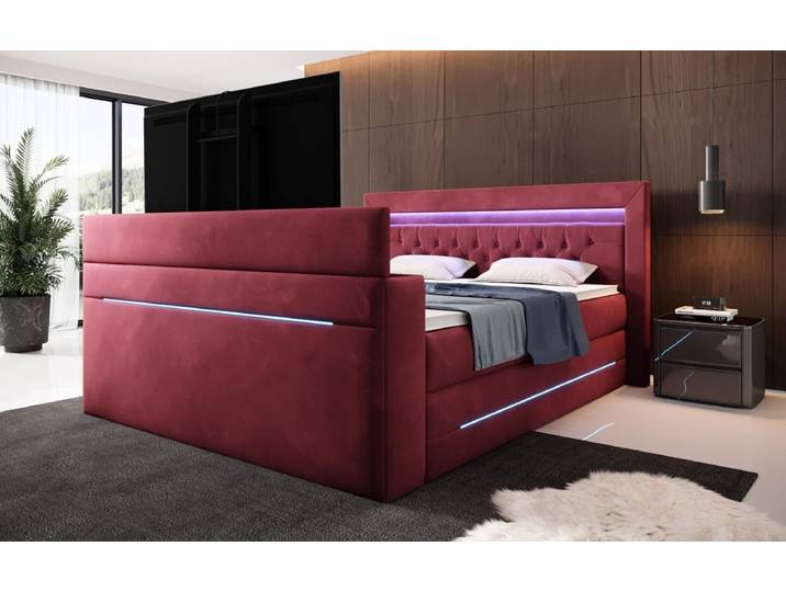 Boxspringbett Pluto mit TV Lift, RGB und Stauraum - 140x200 - Rot - H4 (100kg+) - Luxusbetten24