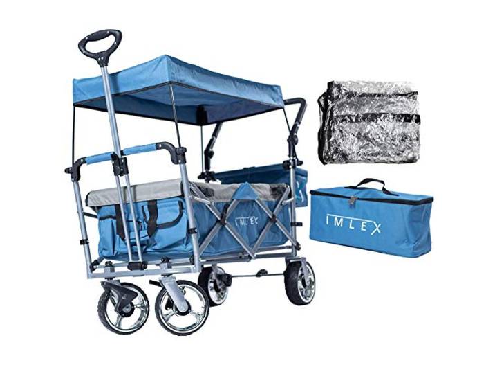 IMLEX Bollerwagen faltbar mit Dach IM-4268 mit passendem Zubehör (Blau, Mit Regenschutz + Kühltasche)
