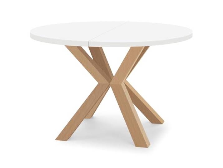 Dekori Möbel Runder Ausziehbarer Tisch für Esszimmer RAL mit Holzbeinen, Skandinavischer Stil, Durchmesser Varianten von : 90 bis 220 cm (Weiß/Buche Natur, 110/160 cm)