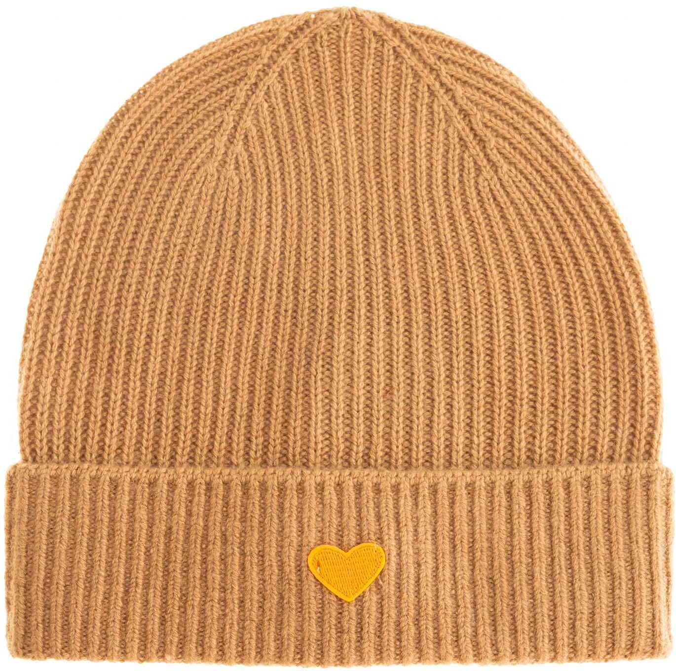 Beanie ZWILLINGSHERZ "Beanie with Heart-Patch", Damen, braun (camel), Rippstrick, Wolle, unifarben, Mützen Beanie, Rippstrick, mit breitem Umschlag, wärmend camel Einheitsgröße