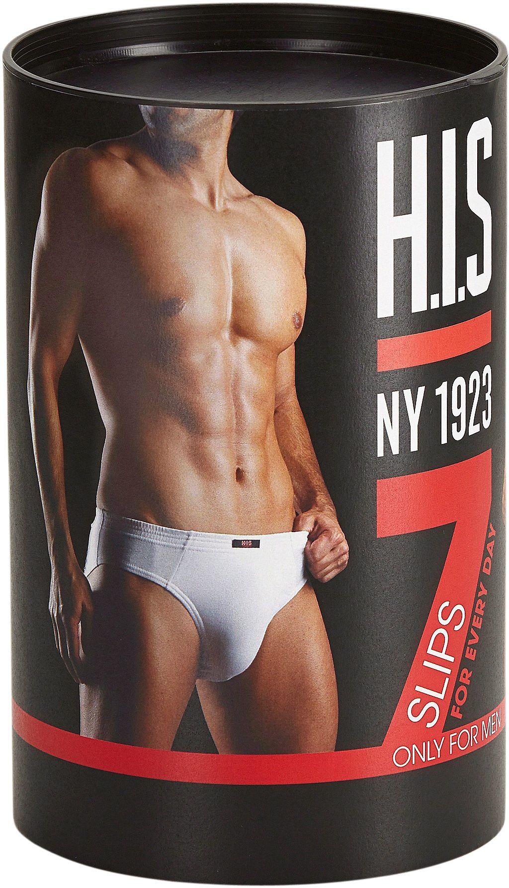 Slip H.I.S "Unterhosen für Herren", Herren, Gr. 6L, 7 Stk., schwarz, Jersey, Obermaterial: 95% Baumwolle, 5% Elasthan, unifarben, körpernah, Unterhosen Slip, aus Baumwoll-Mix in einer Dose verpackt schwarz 6L, 7 Stk.