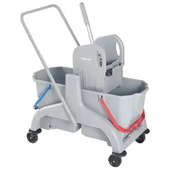 Reinigungswagen Bayersan Profi PE Kunststoff 2x25 L Doppelfahrwagen mit Metall-Deichsel grau, Presse und 2 Eimer