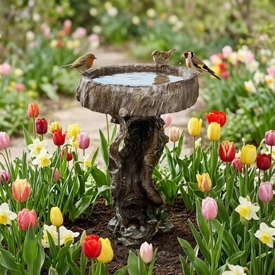 Meedzom 24.4 in Tall Resin Tree Stump Bird Bath, Weatherproof Natural Wood‑Look Garden Sculpture for Outdoor Backyard Patio