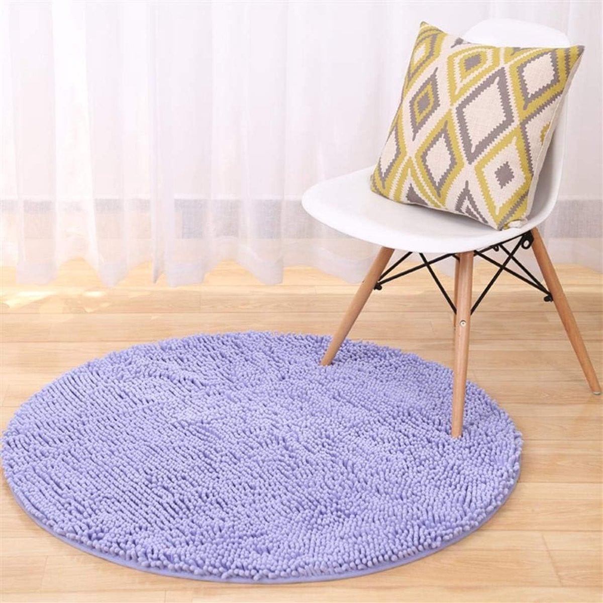 Rond Badmat Blauw - Waterabsorberend Chenille Vloermat - Diameter: 140 cm