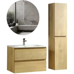 Alpenberger Badmöbel Set mit Hochschrank und Badspiegel Rund | Waschtisch mit Unterschrank Badezimmermöbel | Waschbecken mit Waschbeckenunterschrank