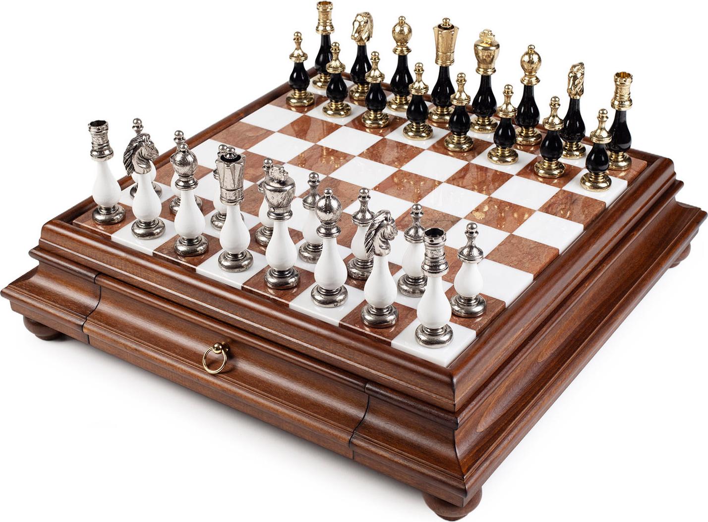 Italienisches Schachset Buchenholz Weiss/Schwarz + Schachbrett Marmor/Holz 46