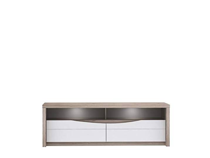 FORTE Saint Tropez TV-Unterschrank mit 2 Schubladen, Holzwerkstoff, Weiß Glanz kombiniert mit Sandeiche Dekor, 52,7 x 147,7 x 49,3 cm