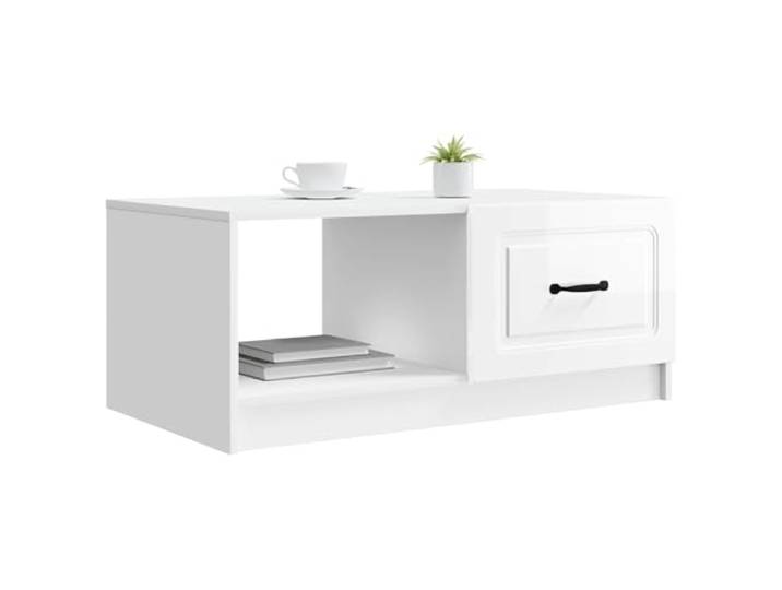 KTHLBRH Rechteckiger Couchtisch weiß glänzend 90 x 50 x 37 cm Holztechnik, 2 Türen, Stangengriffe, große Lagerung, Verwendung im Innenbereich