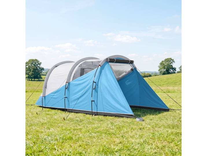 Outsunny Tente de camping familiale 3 personnes, tente tunnel imperméable, 2 portes fenêtres, ventilée 4,6 x 2,6 x 1,9 m, bleu