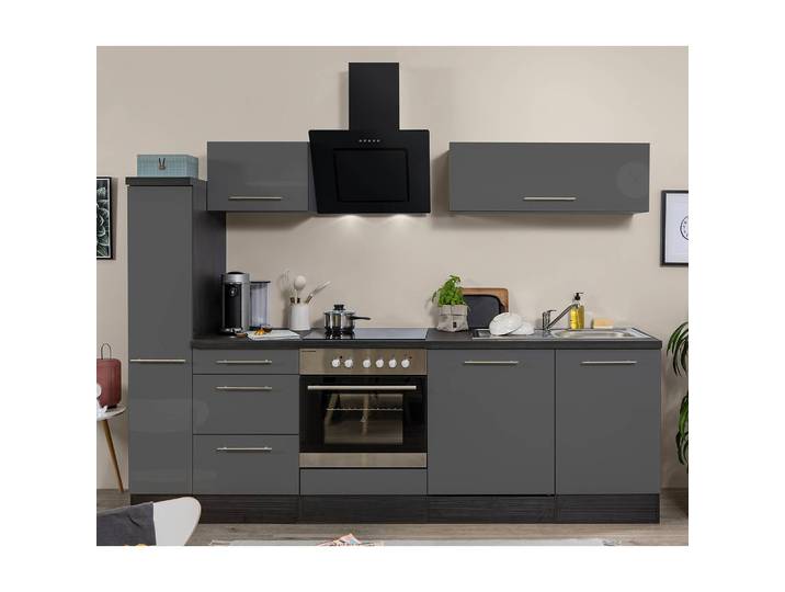 Cuisine Amanda II 250cm Gris/Gris brillant/Imitation chêne gris