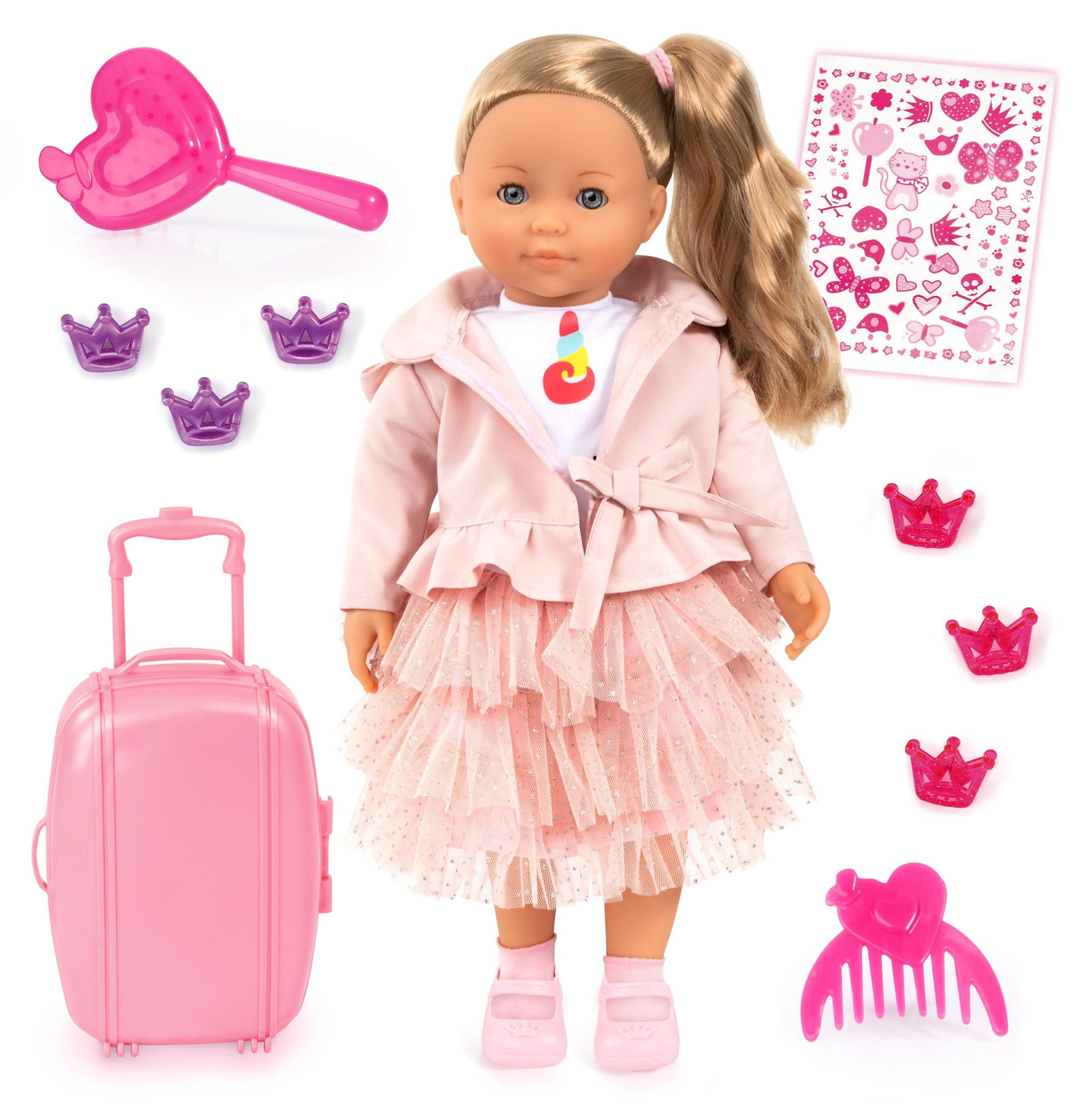 Bayer Design Charlene interactieve pop met accessoires, sprekend en zacht lichaam, 46 cm