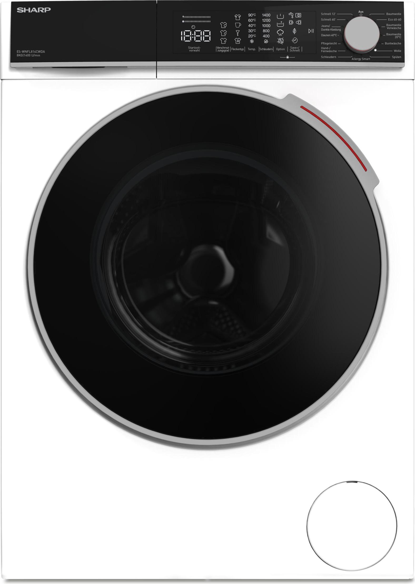 SHARP ES-WNFL814CWDA-DE Waschmaschine | 8 kg | 1400 U/Min | A -20% Energieeffizienz | WLAN | Dampf | AllergySmart | LED Touch | AquaStop | Advanced Inverter | DoubleJet | Weiß