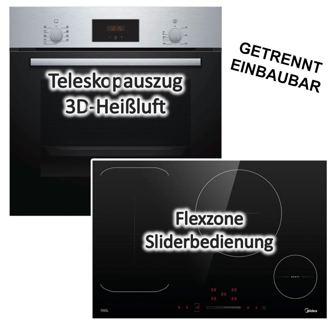 Herdset Bosch Backofen EcoClean Direct mit Midea Induktionskochfeld Booster autark 80 cm
