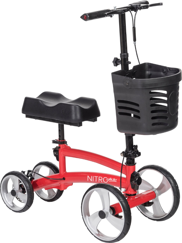 Drive Medical Knie-Roller Nitro Glide, Rot, faltbar, Korb, leichtgängige Handbremsen, 158 kg, Faltmaß 78x40x42,5 cm