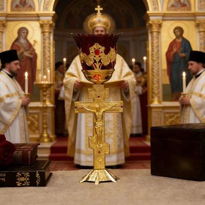 Uplift Treasures Gold Plated Orthodox Standing Cross Vigil Lamp With Red Glass Shade Gold Plated Orthodox Standing Cross Vigil Lamp With Red Glass Shade