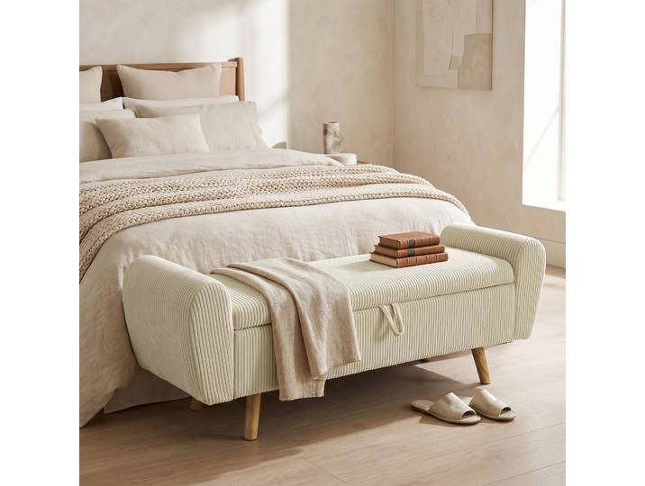 HOMCOM Banc Rangement 73L Velours Beige avec Accoudoirs Bois