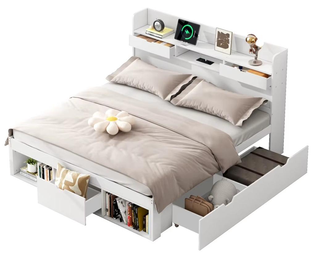 Eltern-Kind-Bett - Multifunktionales Doppelbett - 140 x 190 cm - USB-Anschlüsse - Schubladen und Aufbewahrungsschrank - Kiefer - Weiß - Ohne Matratze