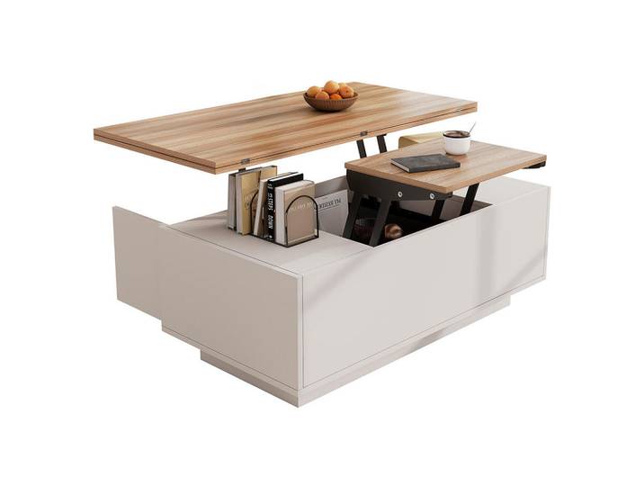 Komhtom Couchtisch mit Doppel-Hebemechanismus，weiß, Weiß, Holz, 50x55.5x100 cm, Wohnzimmer, Wohnzimmertische, Couchtische